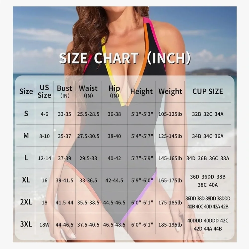 🆕 Black Multicolor Trim One-Piece V-Neck Black Swimsuit